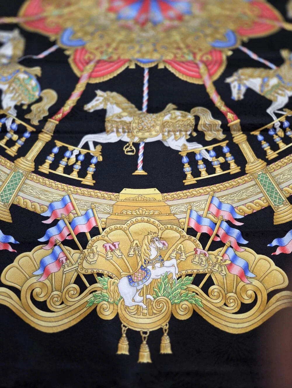 Hermes MINT Luna Park Silk Scarf 90cm/ 35" Black Carousel Horses Gold Pink Blue - Picture 3 of 17